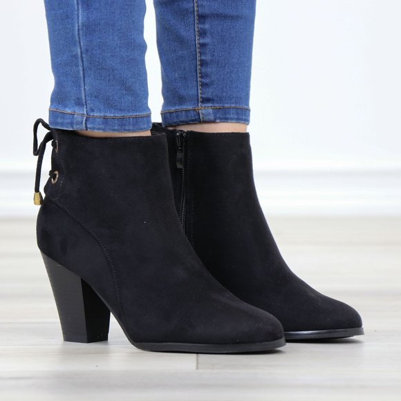 Black Pointed Toe Low Heel Ankle Boots Back Laces Booties Faux Suede - Picture 6 of 15